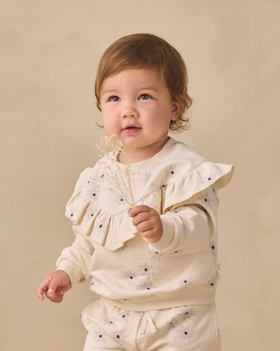 Quincy Mae Natural Blue Daisy | Ruffle Fleece Sweatshirt + Relaxed Fleece Sweatpant Set
