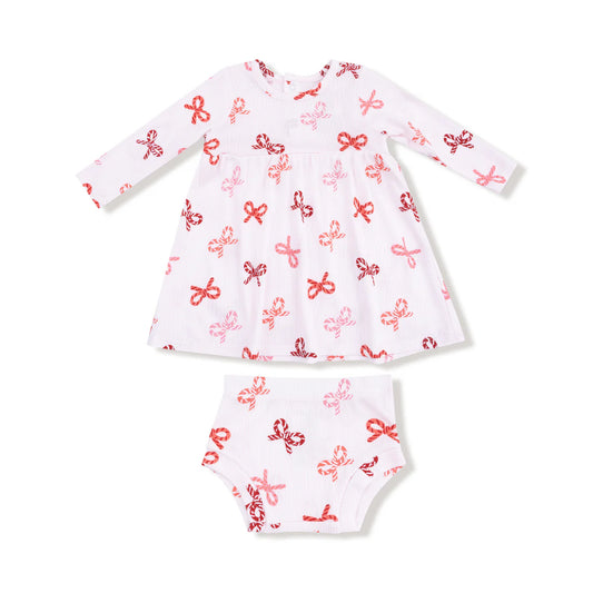 Angel Dear Light Pink Candy Cane Bows | Simple Dress + Bloomer Set