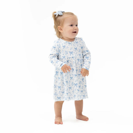 Angel Dear Off White Blue | Bows and Flowers Simple Dress and Bloomer Set