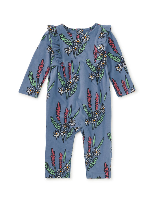 Tea Block Print Floral | Ruffle Shoulder Romper