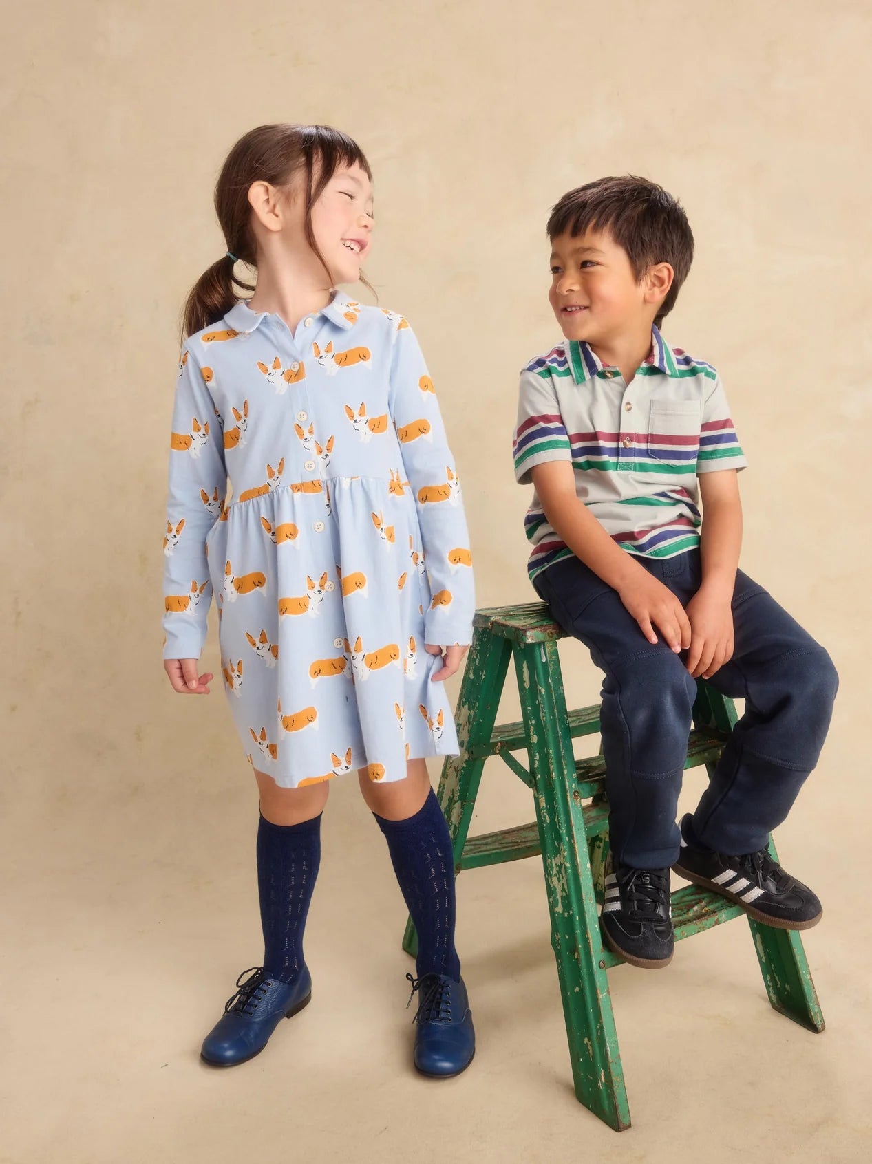 Tea Cutie Corgis | Collared Long Sleeve Shirtdress