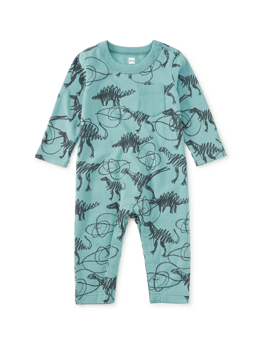 Tea Scribbled Dinosaurs | Long Sleeve Pocket Romper