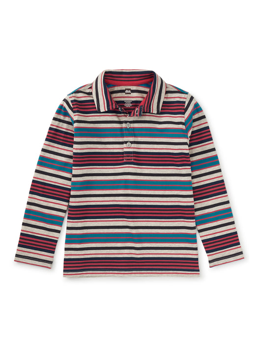 Tea Med Heather Grey | Long Sleeve Striped Polo