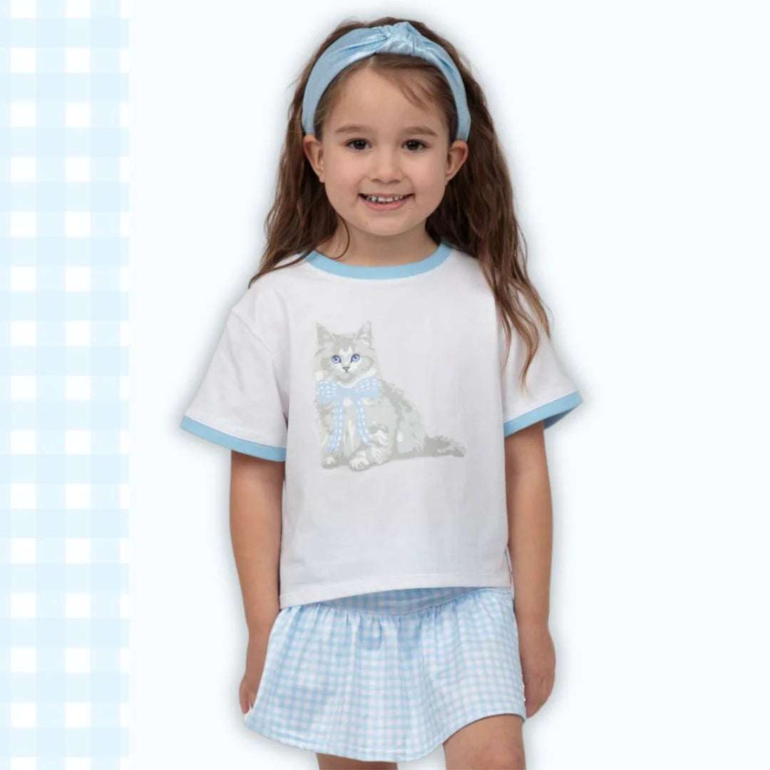 Azarhia White | Blue Gingham Bow Kitty Ringer Boxy T-Shirt