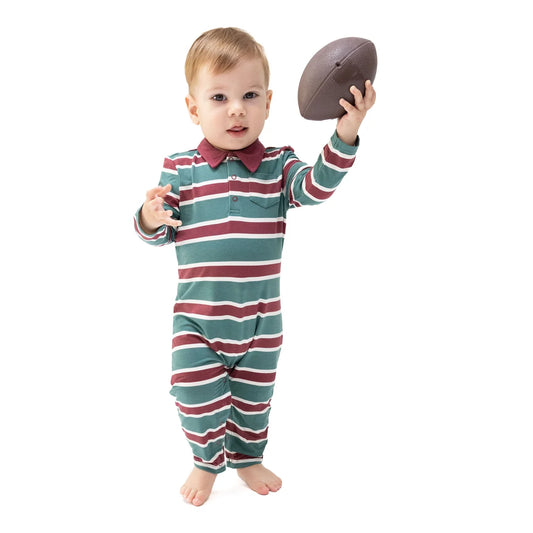 Angel Dear Ivory Green | Rugby Stripe Polo Romper
