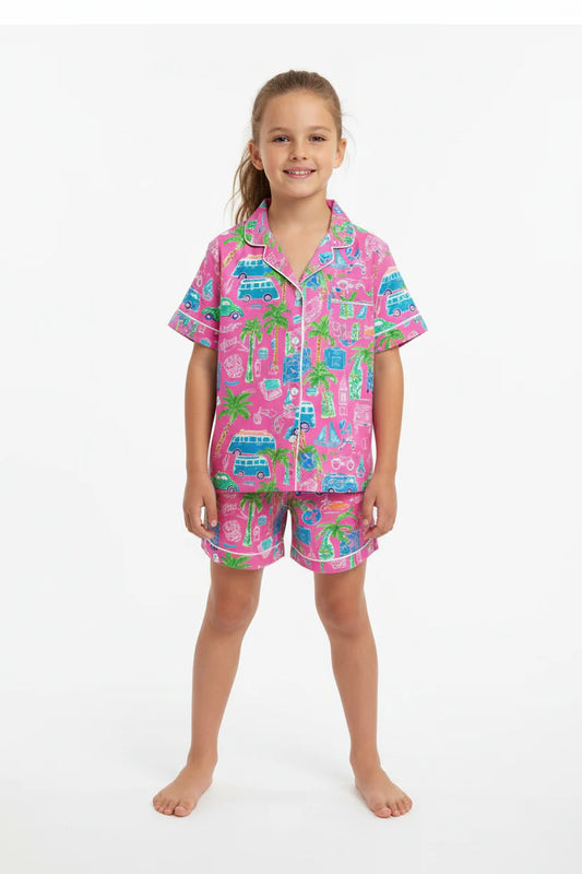 Tweenstyle Pink Tropical | Print Short Sleeve Satin Loungewear Set