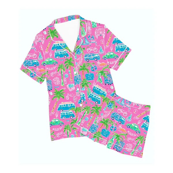 Tweenstyle Pink Tropical | Print Short Sleeve Satin Loungewear Set