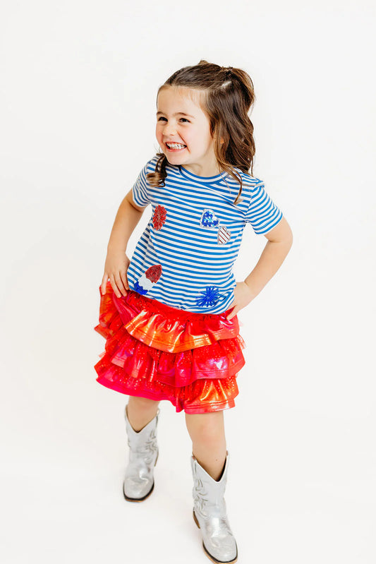 Three Wildflower Designs Blue | Striped Australian Terry Cotton Fourth of July Patch Top