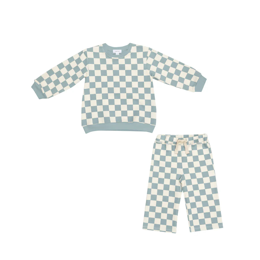 Angel Dear Gray Checkerboard Mist Puffy | Sweatshirt Wide Leg Pant Set