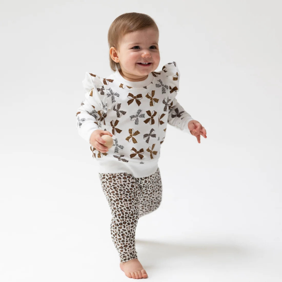 Angel Dear Beige Brown | Leopard French Terry Ruffle Sweatshirt & Rib Legging Set