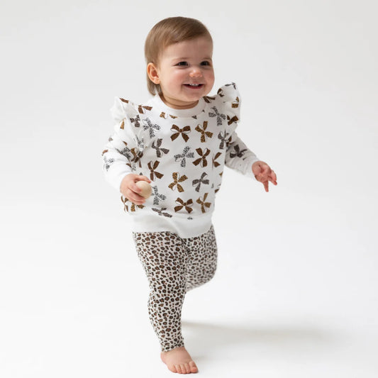 Angel Dear Beige Brown | Leopard French Terry Ruffle Sweatshirt & Rib Legging Set