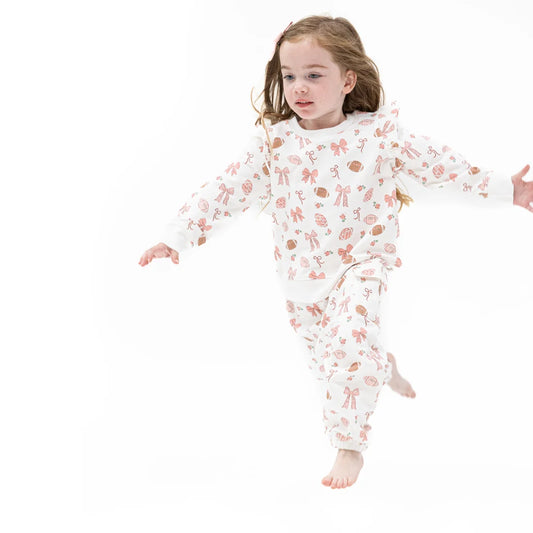 Angel Dear White | Footballs and Bows Ruffle Sweatshirt and Fashion Cargo Pants