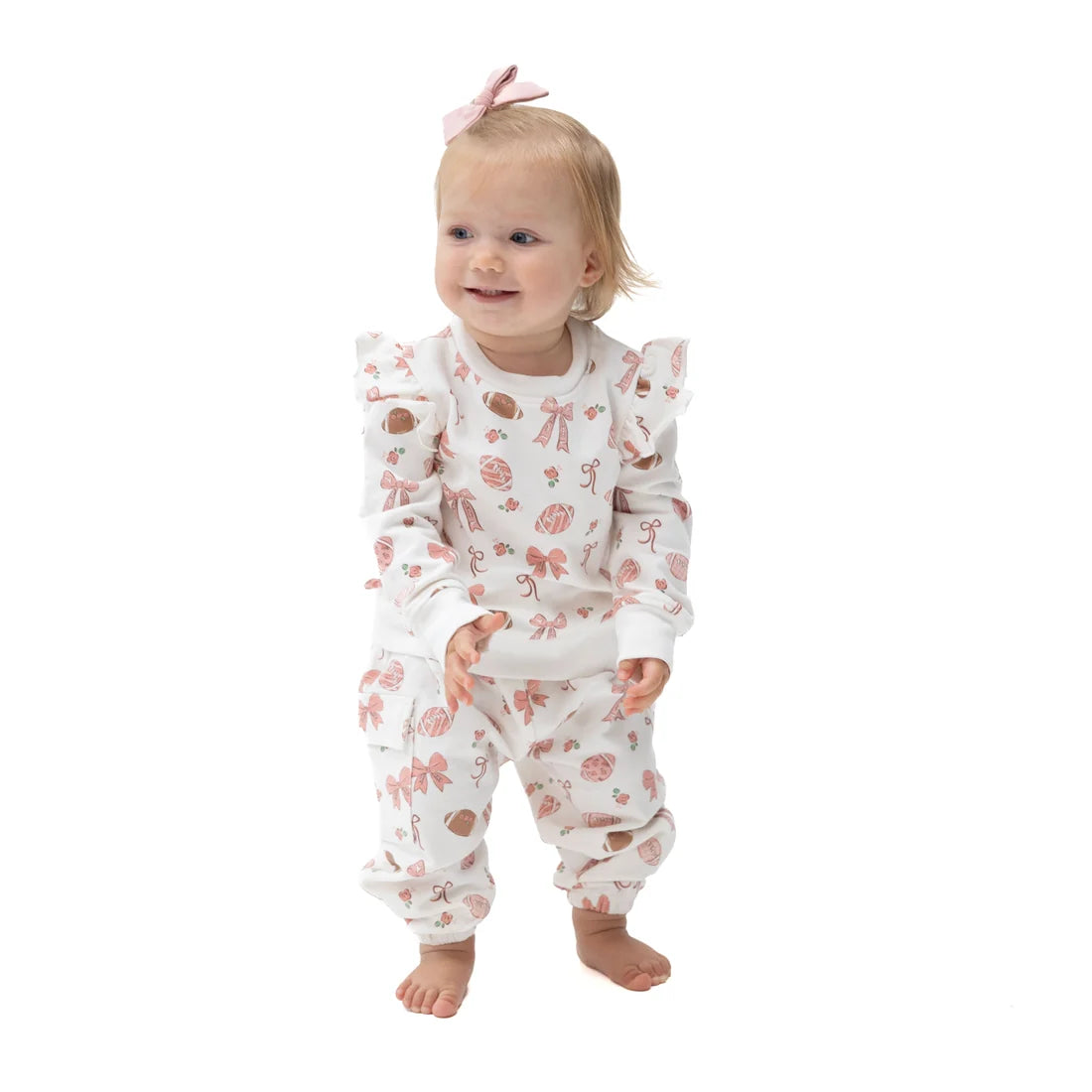 Angel Dear White | Footballs and Bows Ruffle Sweatshirt and Fashion Cargo Pants