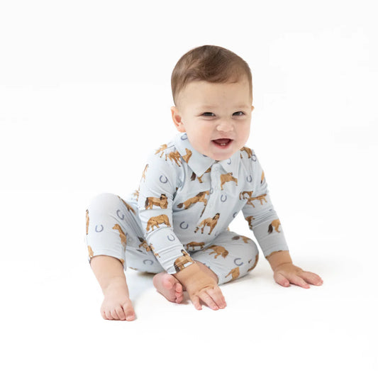 Angel Dear Blue Horses | Long Sleeve Cowboy Romper
