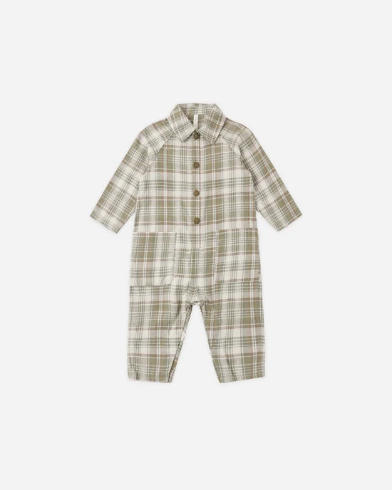 Rylee + Cru Olive | Dobby Plaid Collared Jumpsuit