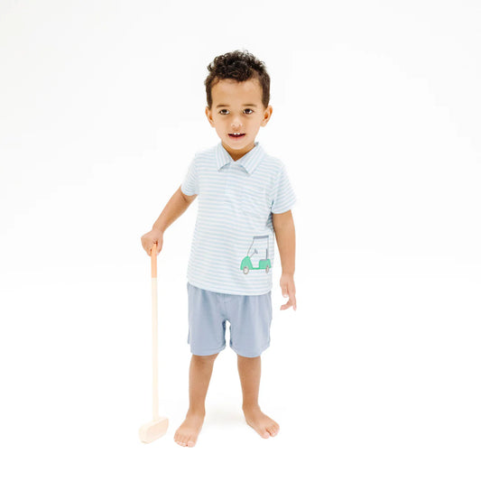 Angel Dear Blue Golf Stripe | Polo Shirt With Applique & Bamboo Short