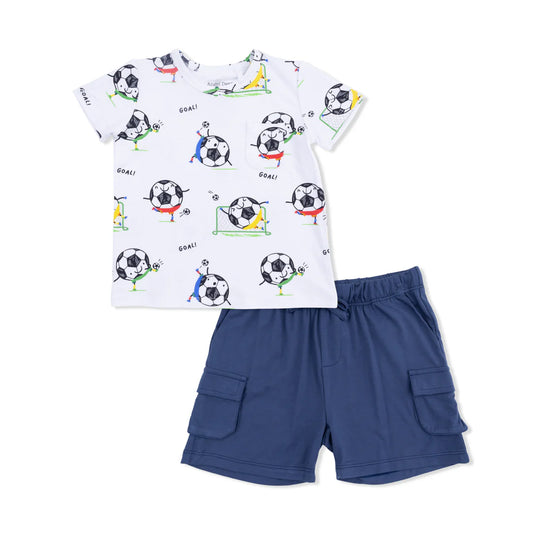 Angel Dear White Blue | Soccer Balls Playing Soccer Crew Neck Tee with Cargo Short Set