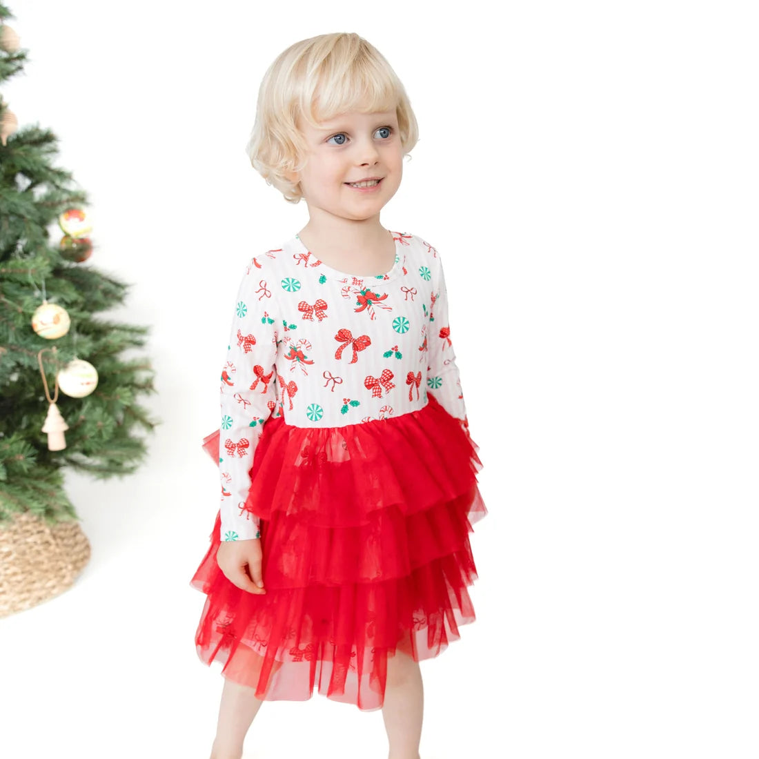 Angel Dear Ivory | Bows & Candy Canes Twirly Long Sleeve Tutu Dress and Cartwheel Short Set