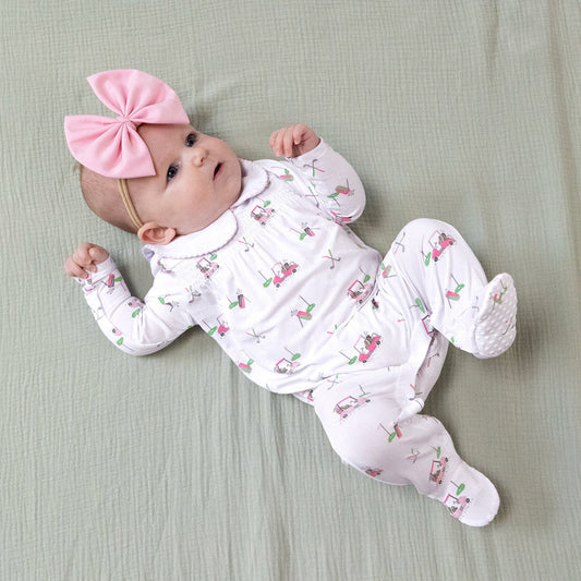 Angel Dear Pink | Baby Golf Carts Smocked Peter Pan Snap Footie