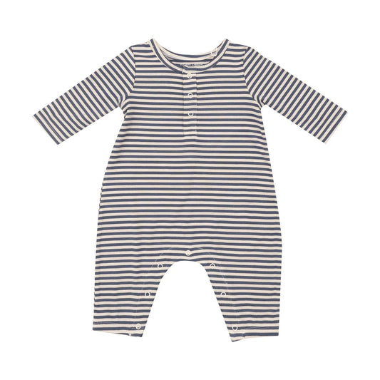 Angel Dear Navy & Oat Stripe | Long Sleeve Henley Romper