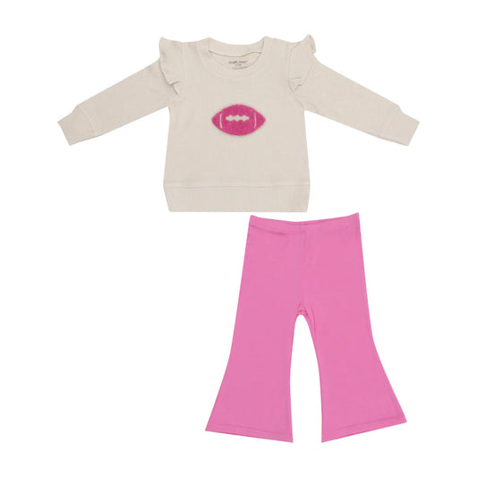 Angel Dear Pink Footballs | Waffle Ruffle Sweatshirt & Bamboo Bell Bottoms Set