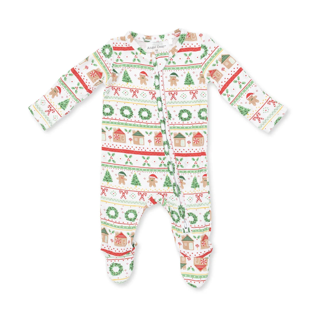 Angel Dear White & Green | Gingerbread Fair Isle Uni 2 Way Zipper Footie