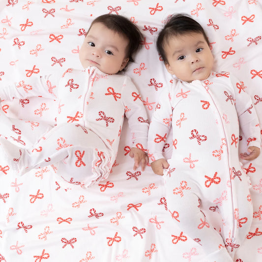 Angel Dear Light Pink Candy Cane Bows | 2 Way Zipper Ruffle Back Footie