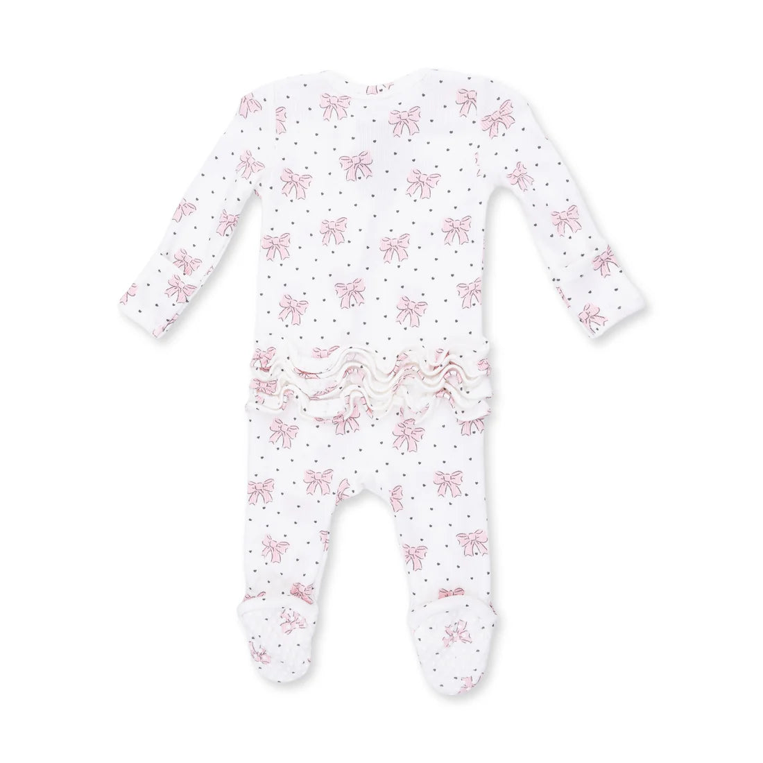 Angel Dear Ivory Pink | Bows and Hearts 2 Way Ruffle Back Zipper Footie