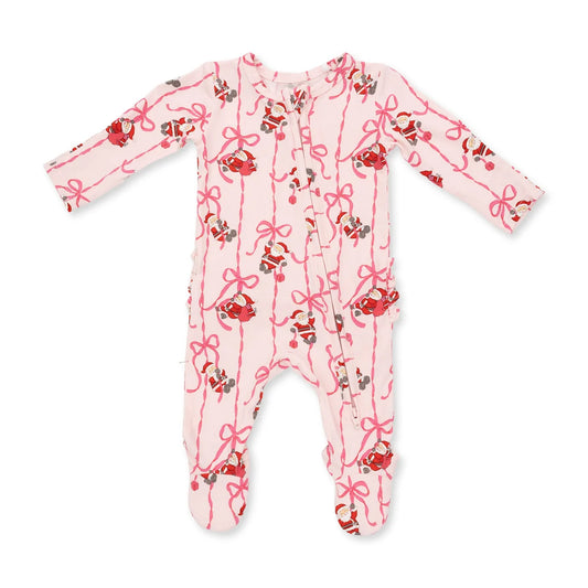 Angel Dear Pink | Bows & Santa 2 Way Ruffle Back Zipper Footie