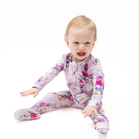 Angel Dear Purple | Dahlia Floral 2 Way Ruffle Back Zipper Footie