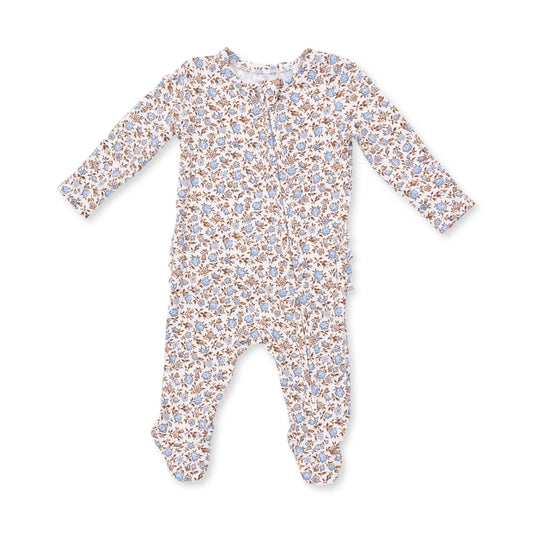 Angel Dear Ivory Blue | Hazel Foral 2 Way Ruffle Back Zipper Footie