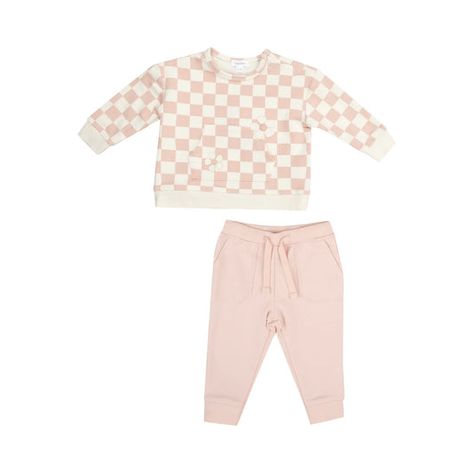 Angel Dear Checkerboard Pink | French Terry Sweatshirt With Daisy Patch + Jogger Set