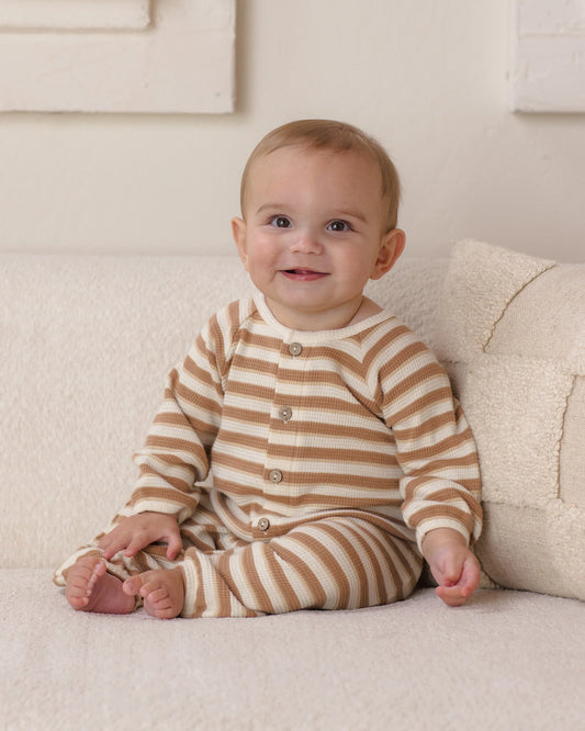 Quincy Mae Ivory Spice Stripe | Waffle Long Sleeve Jumpsuit