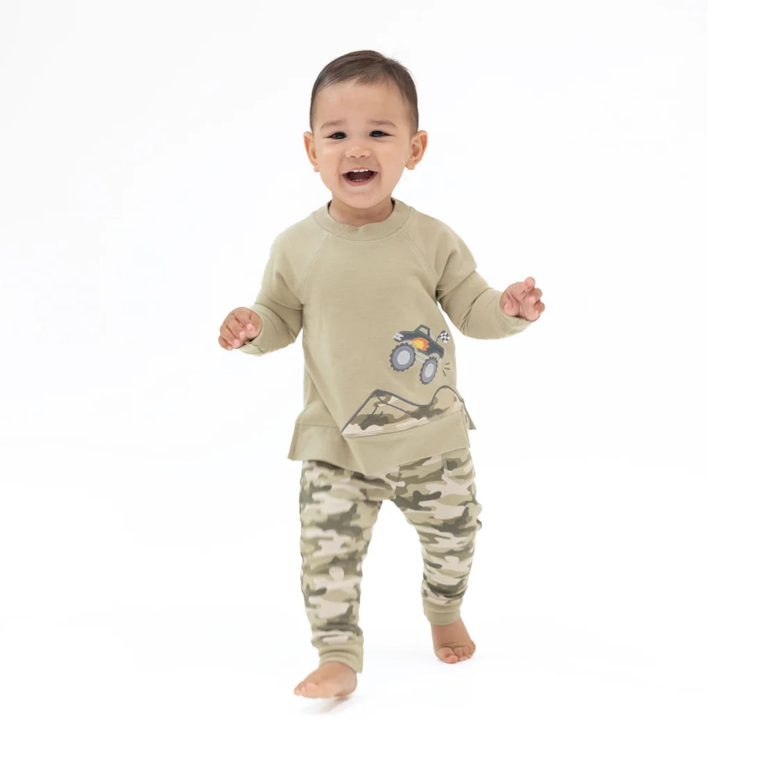 Angel Dear Green | Drop Sleeve Sweatshirt and Camo French Terry Jogger Pant Set
