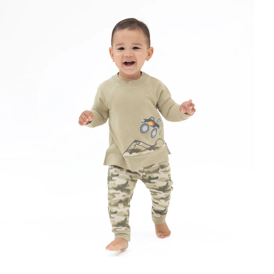 Angel Dear Green | Drop Sleeve Sweatshirt and Camo French Terry Jogger Pant Set