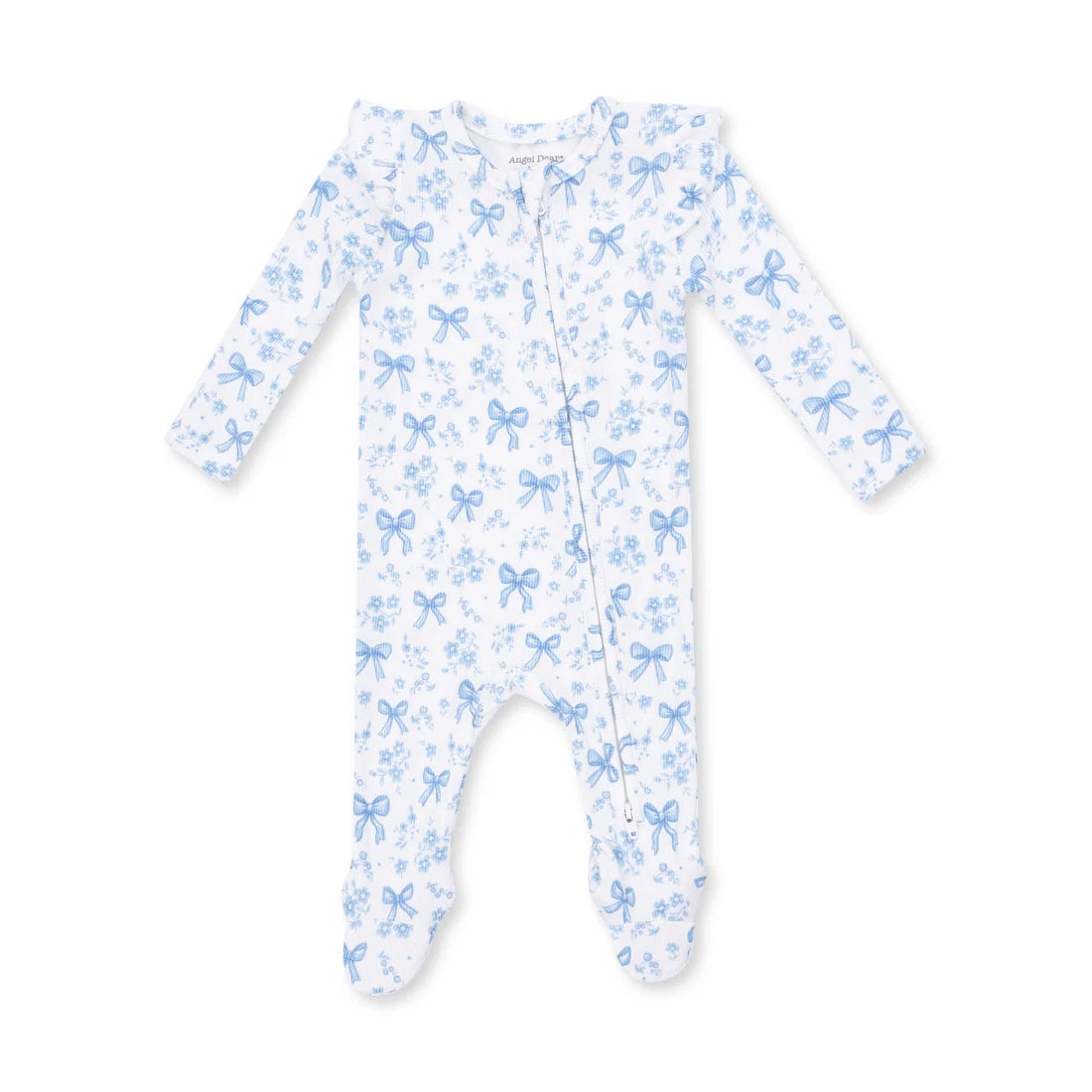 Angel Dear Off White Blue | Blue Bows and Flowers 2 Way Ruffle Sleeve Zipper Footie