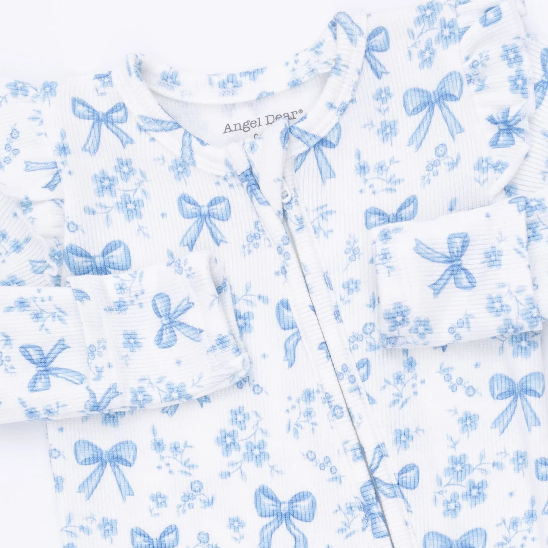 Angel Dear Off White Blue | Blue Bows and Flowers 2 Way Ruffle Sleeve Zipper Footie