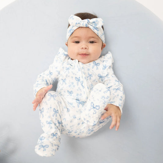 Angel Dear Off White Blue | Blue Bows and Flowers 2 Way Ruffle Sleeve Zipper Footie