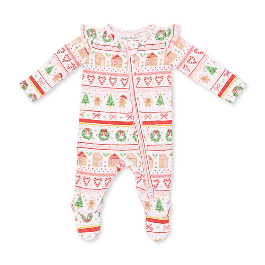 Angel Dear White & Pink | Gingerbread Fair Isle 2 Way Ruffle Sleeve Zipper Footie