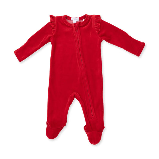 Angel Dear Red | Velour Holiday 2 Way Ruffle Sleeve Zipper Footie
