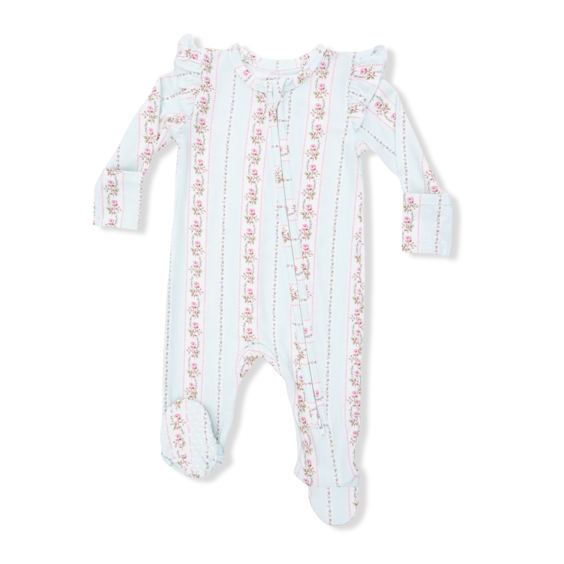 Angel Dear Blue | Antoinette Stripe 2 Way Ruffle Sleeve Zipper Footie