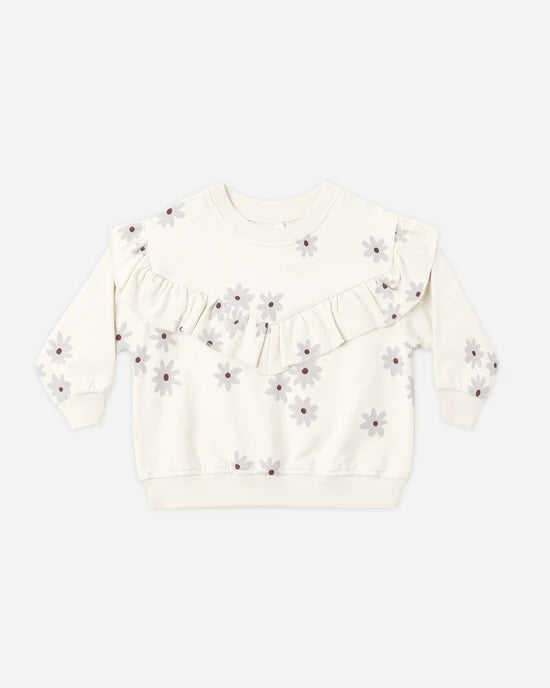 Quincy Mae Natural Blue Daisy | Ruffle Fleece Sweatshirt + Relaxed Fleece Sweatpant Set
