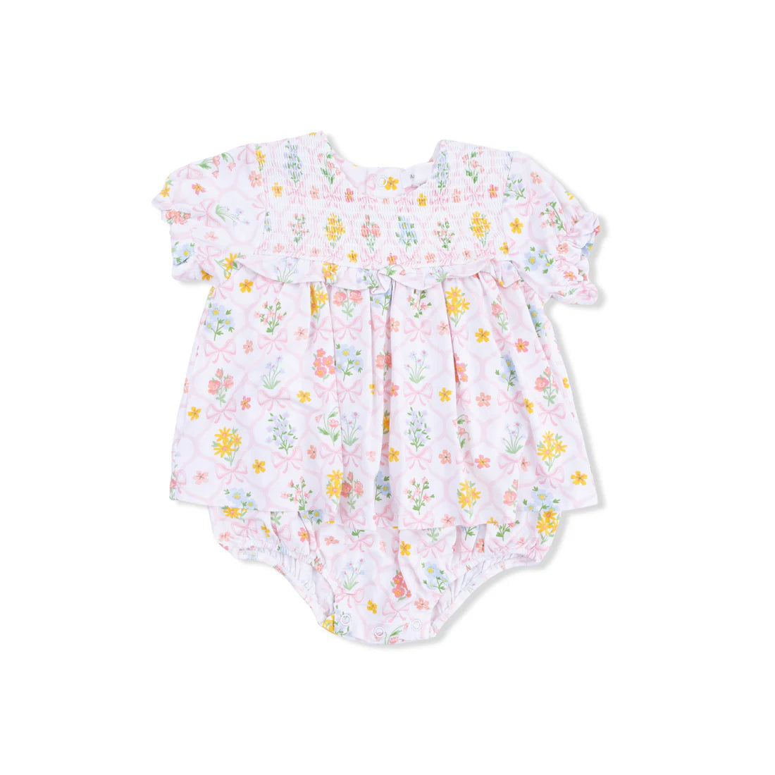 Angel Dear White & Pink | Spring Blooms Bow Trellis Smocked Ruffle Bubble with Skirt