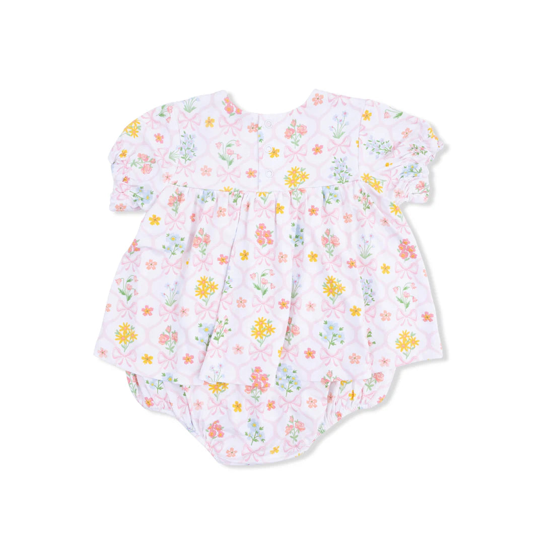 Angel Dear White & Pink | Spring Blooms Bow Trellis Smocked Ruffle Bubble with Skirt