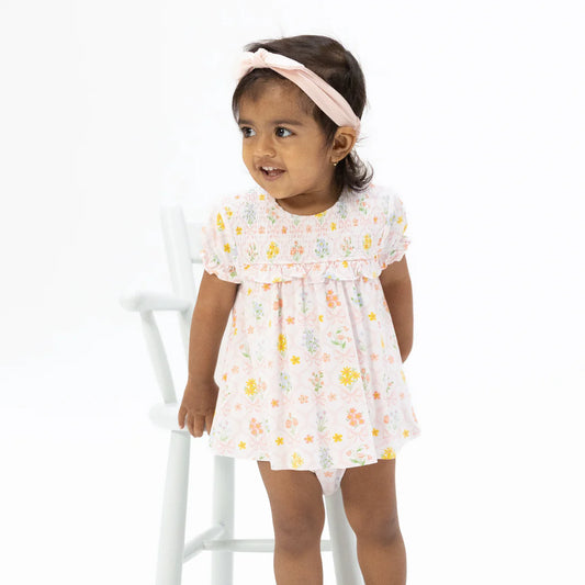 Angel Dear White & Pink | Spring Blooms Bow Trellis Smocked Ruffle Bubble with Skirt
