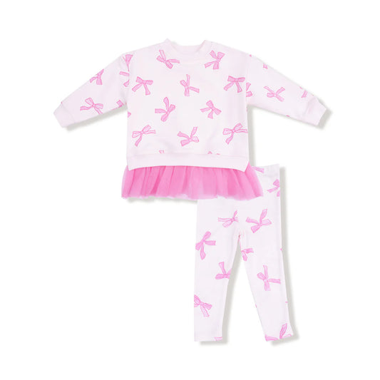 Angel Dear Pink Pretty Bows | French Terry Sweatshirt with Tulle Ruffle and Ribbed Legging Set