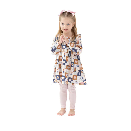 Angel Dear Patchwork Cowgirl | Ruffle Long Sleeve Dress and Ribbed Legging Set