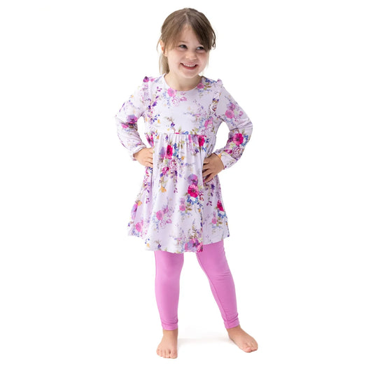 Angel Dear Purple | Dahlia Floral Long Sleeve Ruffle Dress and Legging Set