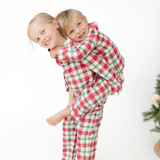 Angel Dear Red & Green | Holiday Plaid Long Sleeve Coat Style with Pant Set