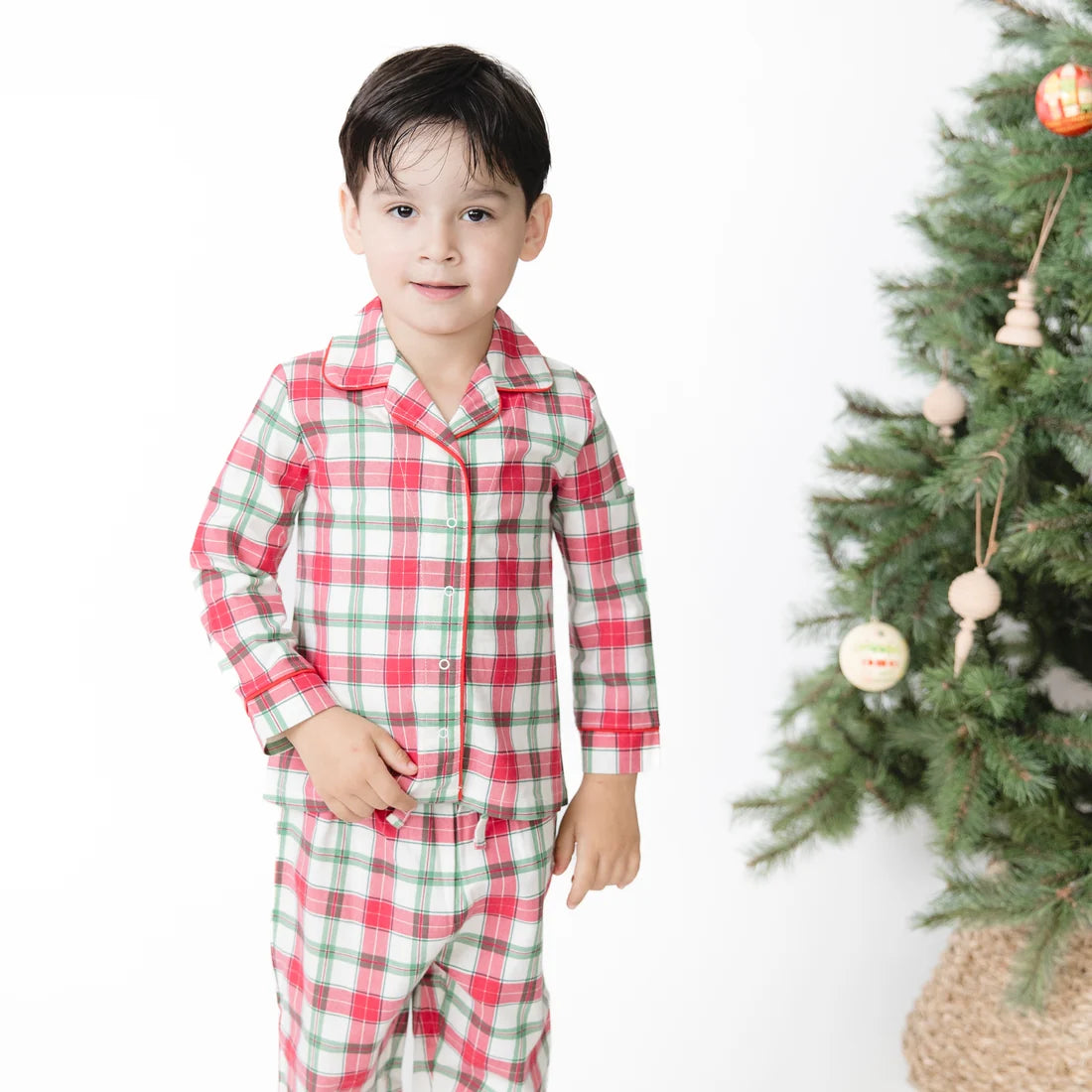 Angel Dear Red & Green | Holiday Plaid Long Sleeve Coat Style with Pant Set
